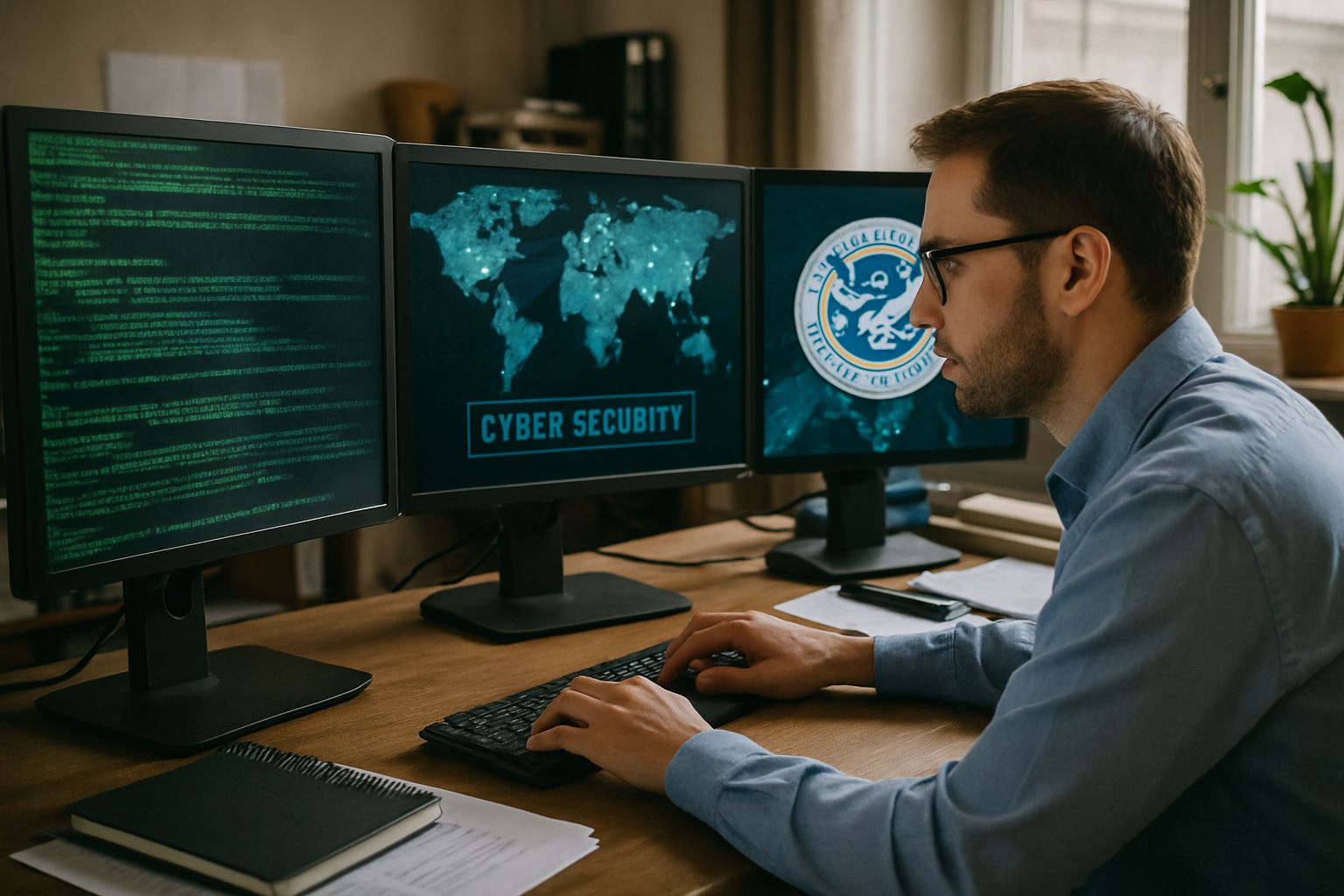 Government Intelligence analyst monitors encrypted data and cyber threats on screen.