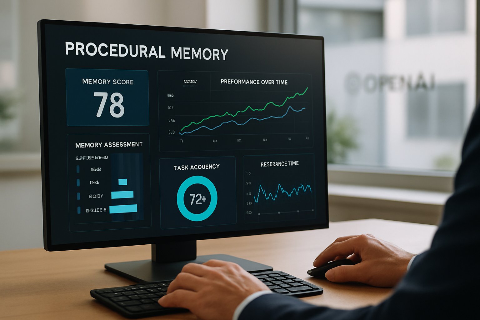 Realistic computer dashboard showing Memp Memory and performance analytics.