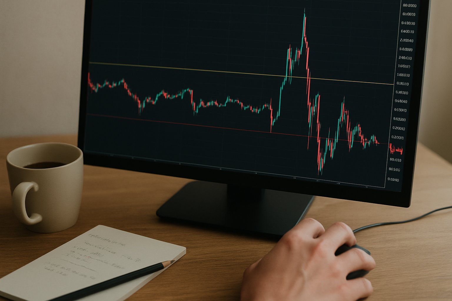 Person analyzing chart spikes related to market volatility risk on their computer.