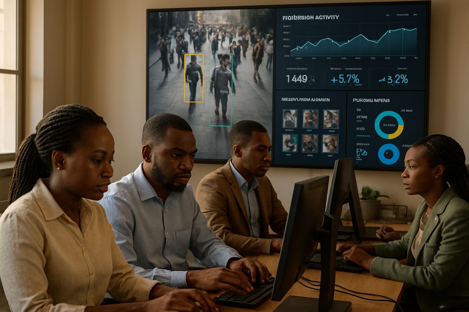 African office using AI Mass Surveillance dashboards for monitoring public spaces.