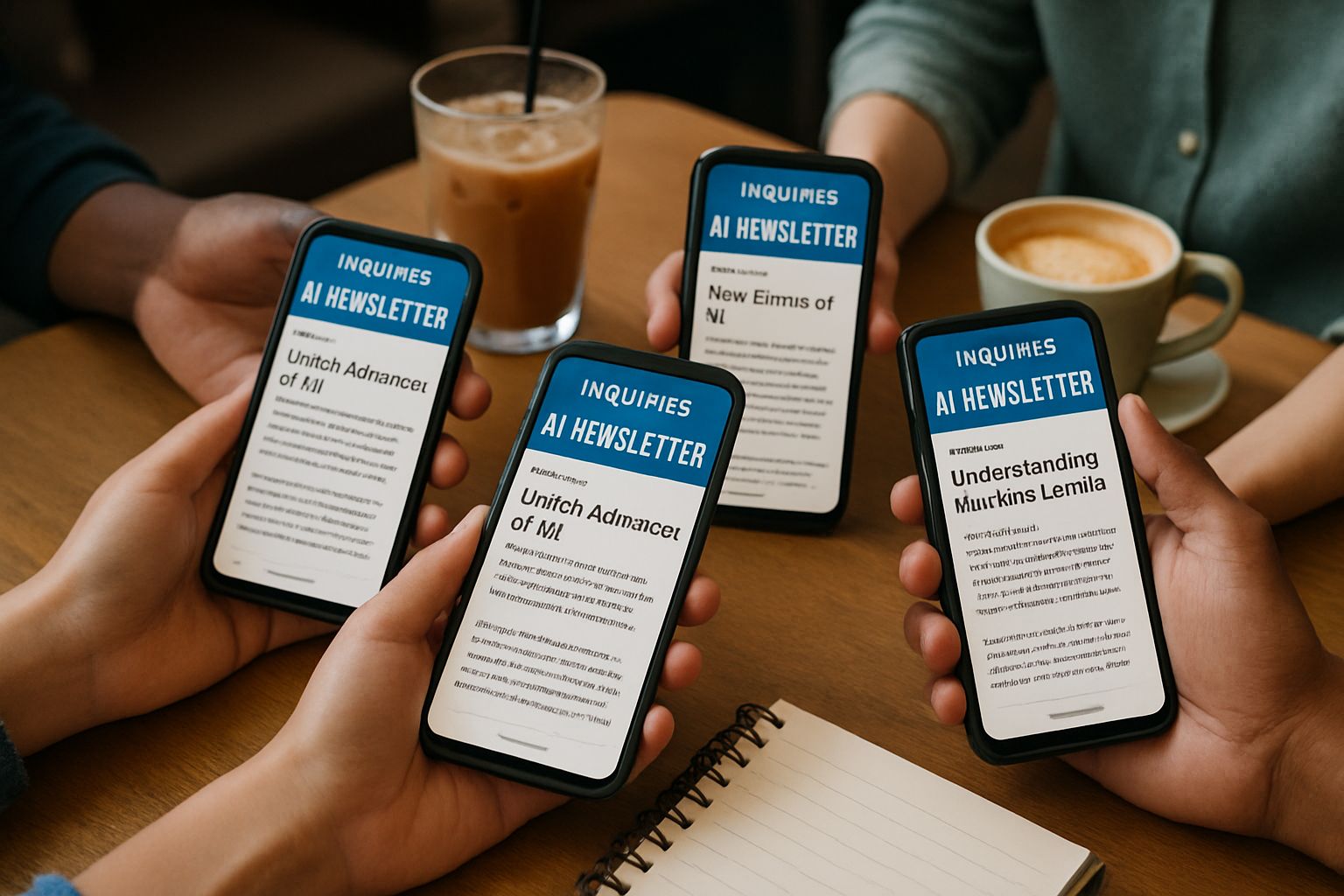 Group using Inquirer AI Newsletter on mobile devices in café