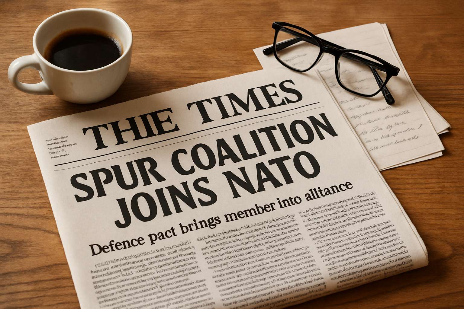 Newspaper headline highlights Spur Coalition reshaping NATO news.
