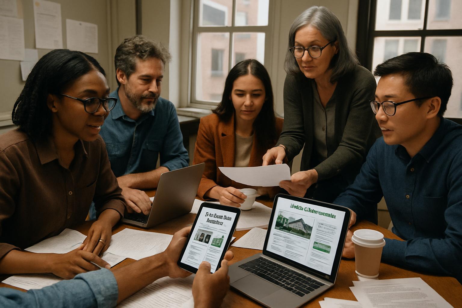 Local journalists collaborating on Patch AI Newsletters in modern newsroom.