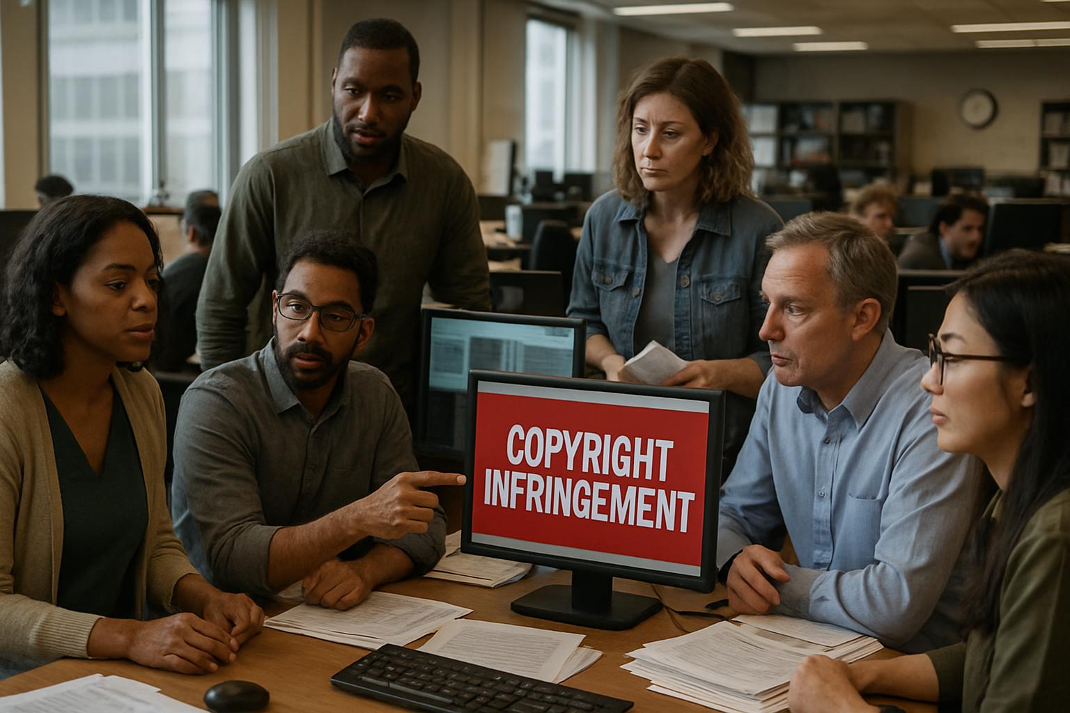 Journalists in newsroom discussing copyright infringement news updates