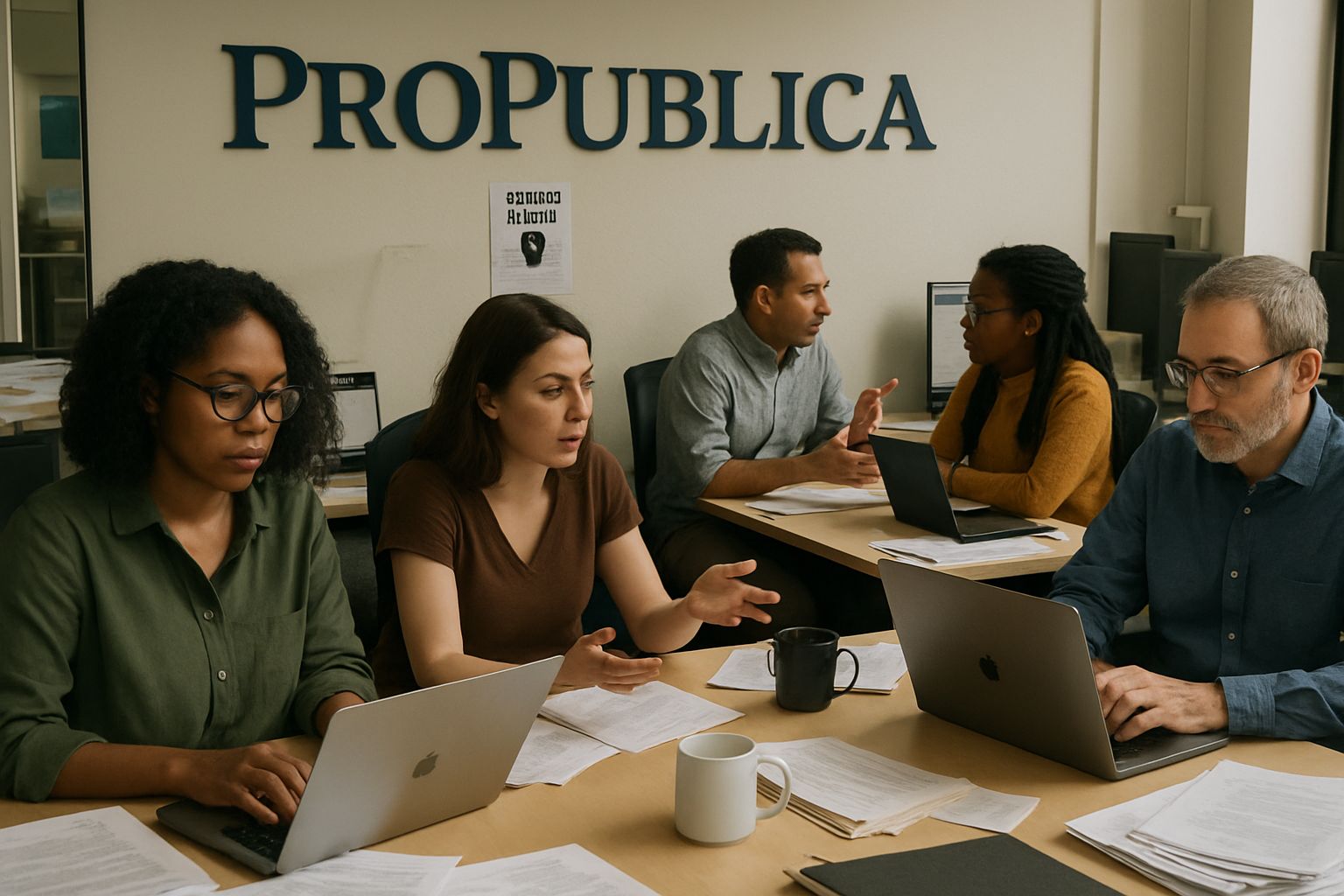 ProPublica Strike newsroom features journalists discussing AI guardrails and wages.
