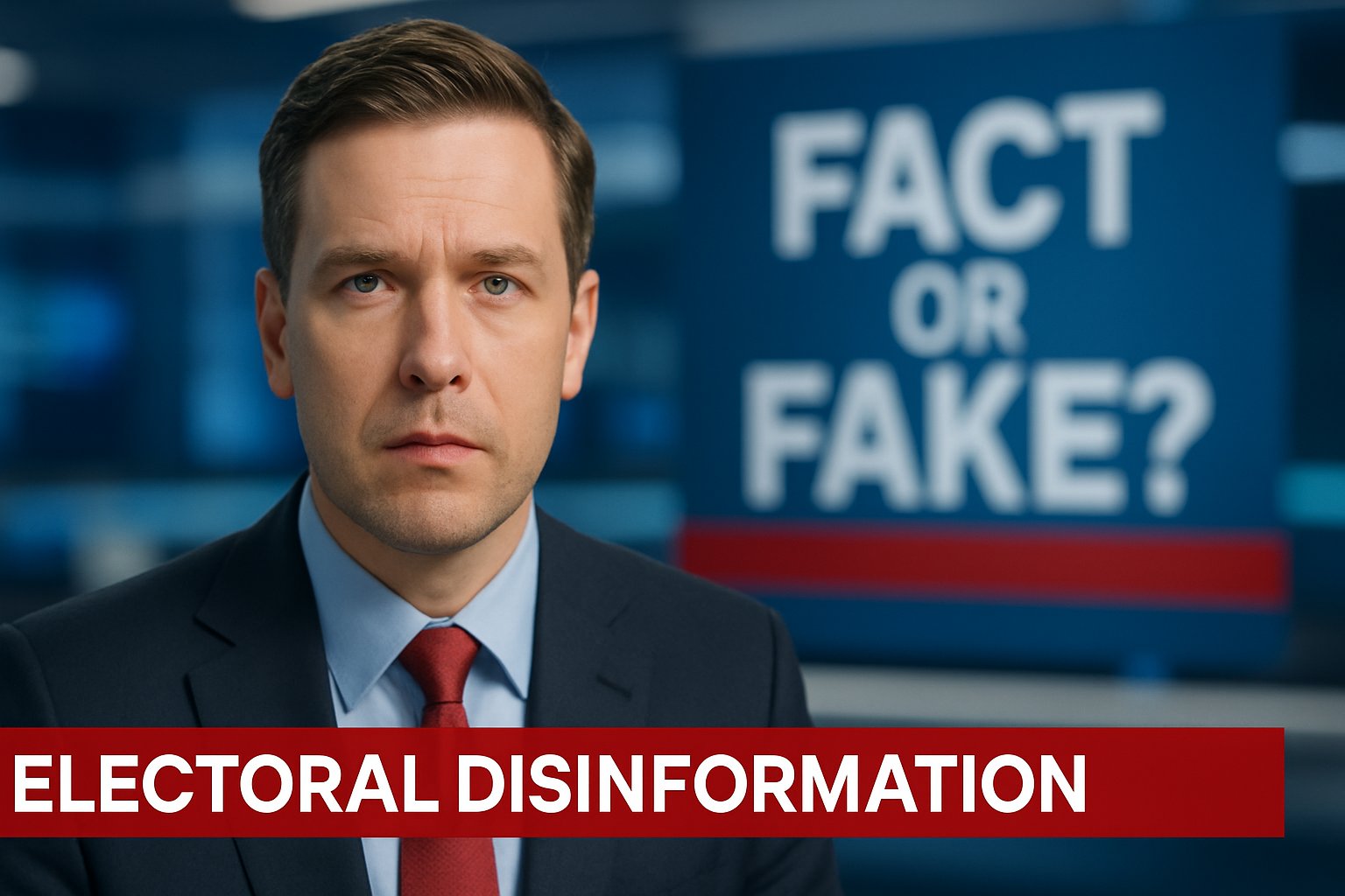 News anchor discusses Electoral Disinformation and deepfake impact on democracy.
