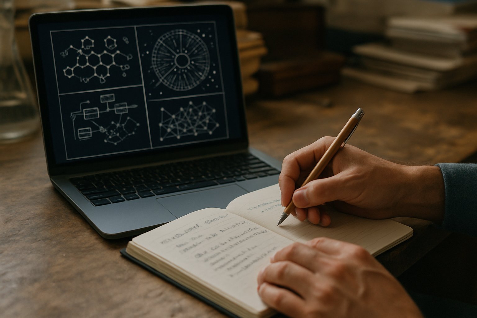 Researcher noting Scientific Reasoning Evaluation gaps in notebook