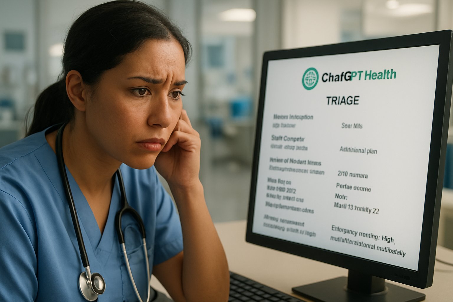 Concerned nurse reviews ChatGPT Health triage outcomes on hospital computer.