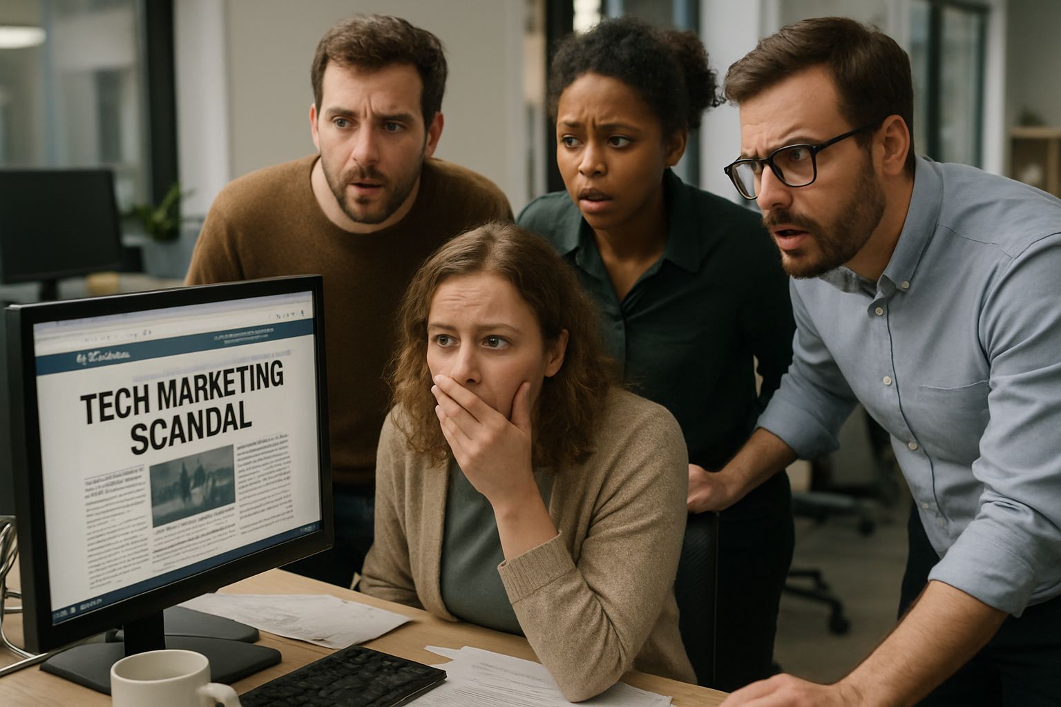 Tech employees reacting to news about the Tech Marketing Scandal in an office setting.