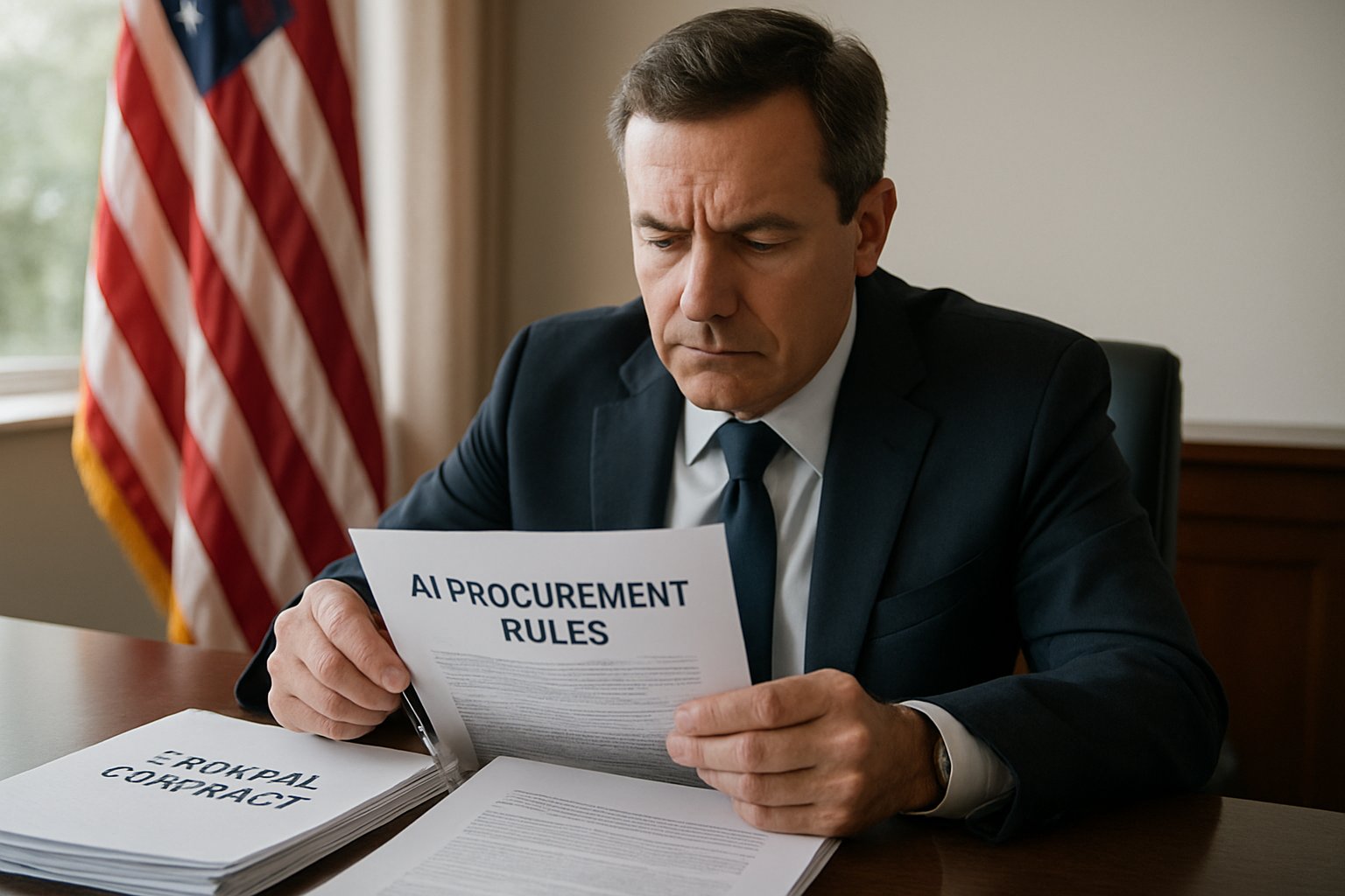 Government official examines AI Procurement Rules at desk for GSA contracts.