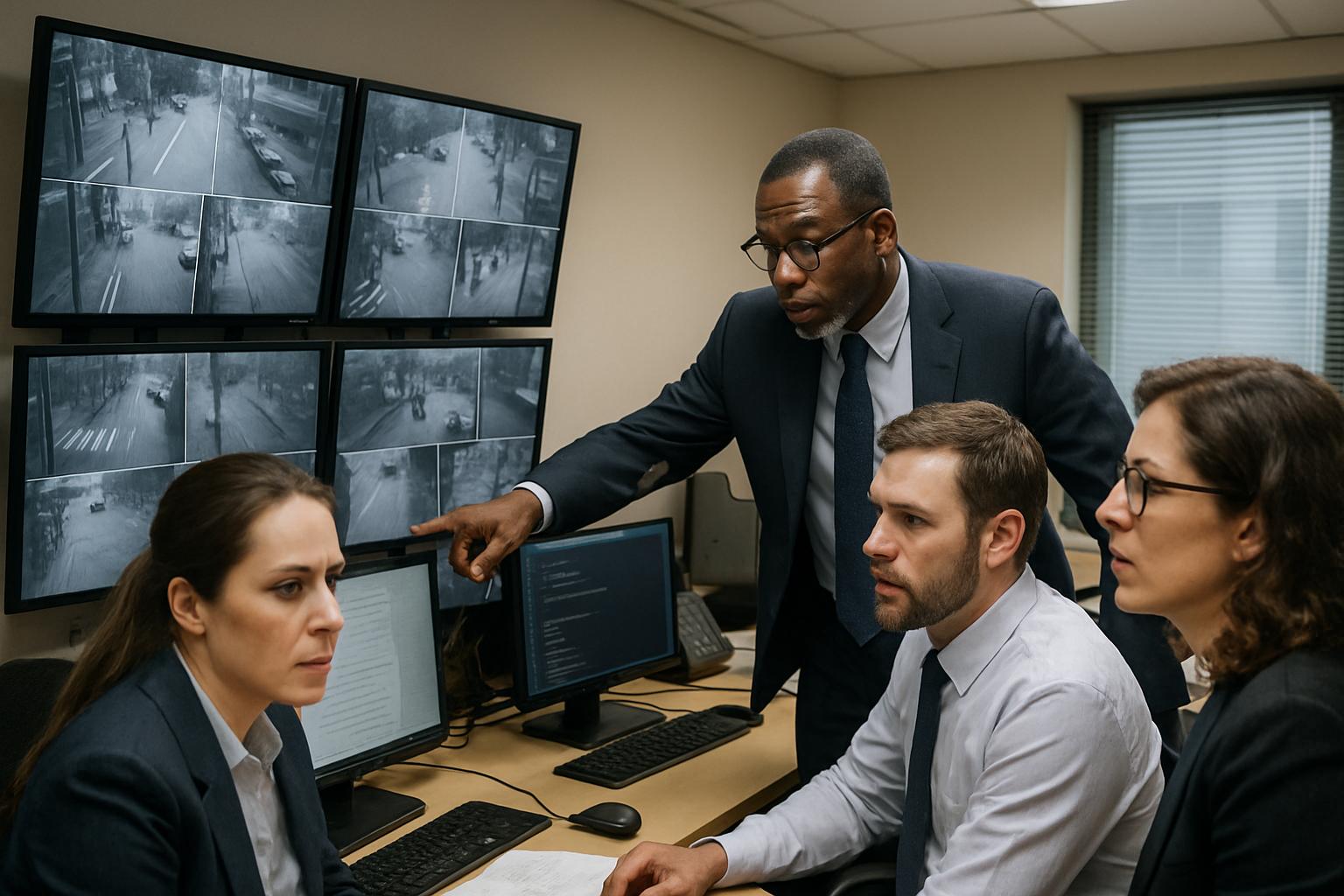 Mass Surveillance analysis by government officials on large office monitors.