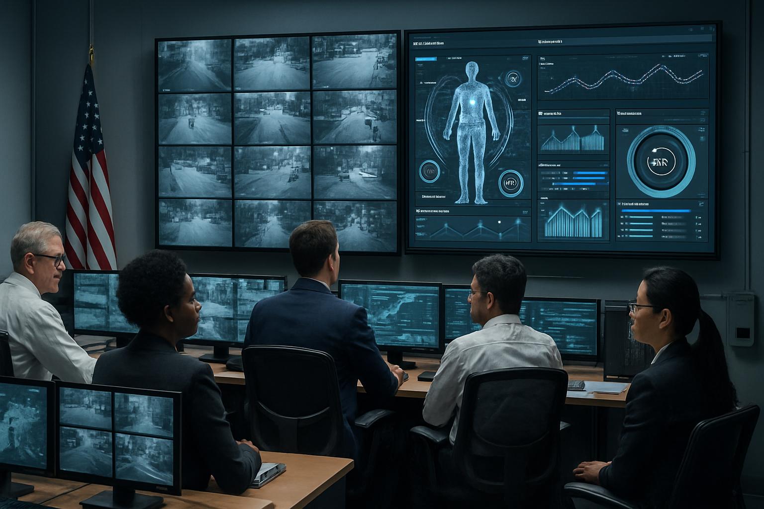 Surveillance State Risk visualized by officials monitoring AI prediction dashboards