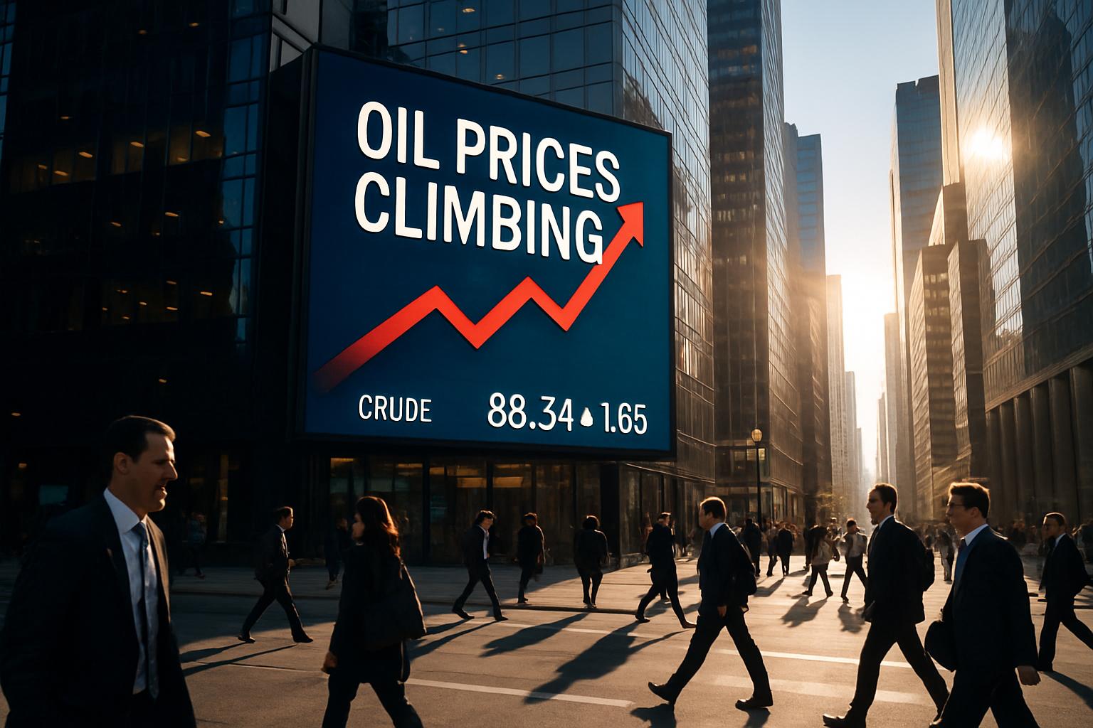 Digital billboard displays rising oil prices tied to Energy AI Risk.