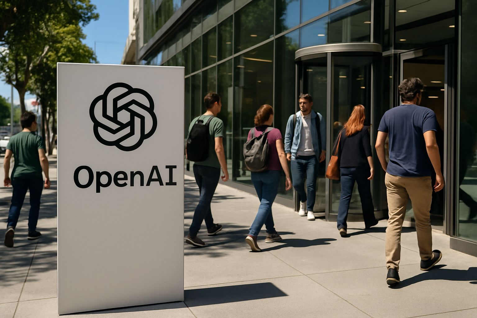 OpenAI Structure headquarters with employees entering modern building