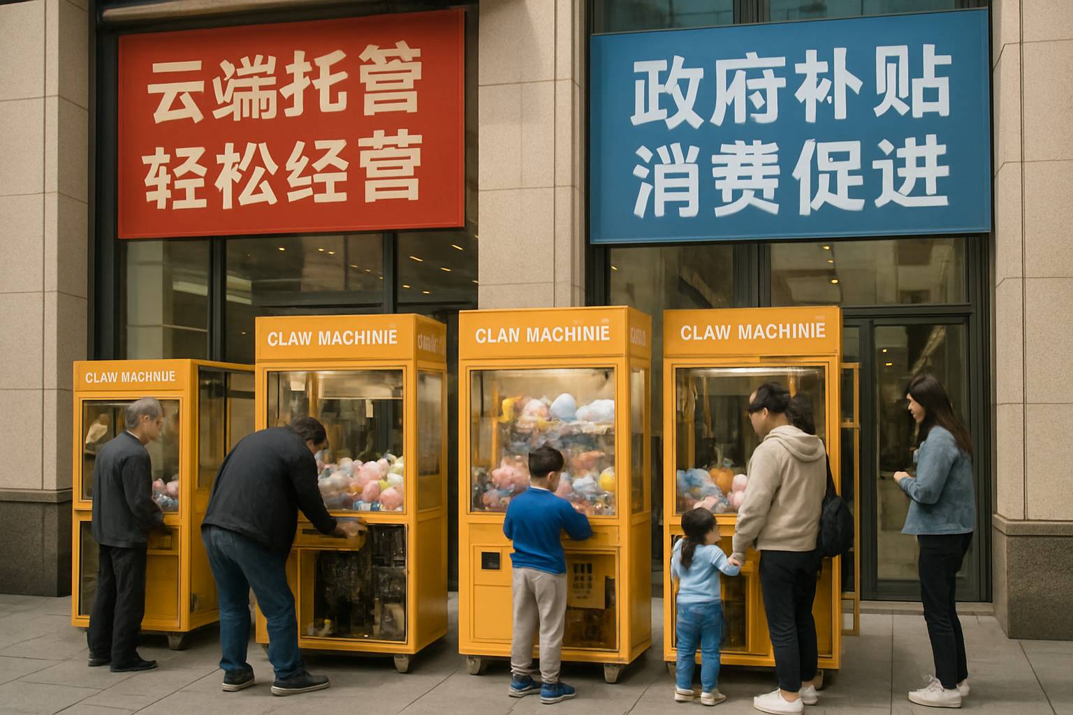 Open claw machines with cloud technology banners in Chinese retail showing Consumer Mass Adoption.