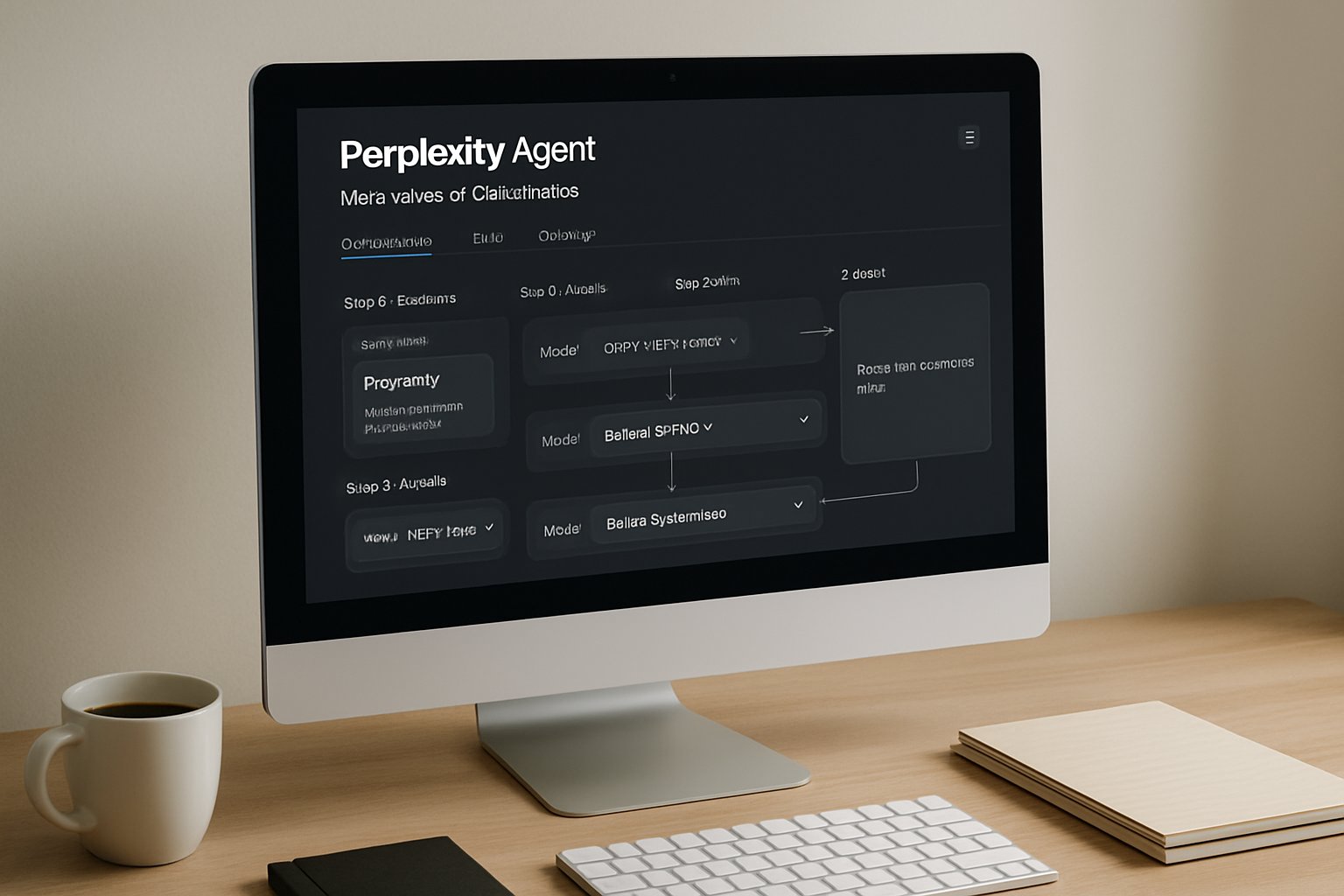 Perplexity Agent multi-model orchestration dashboard on a modern desktop computer.