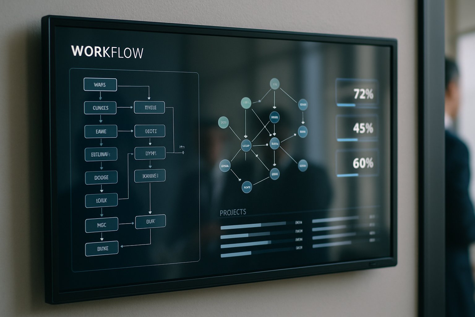 Enterprise Orchestration Framework digital dashboard in meeting room for AI deployment.