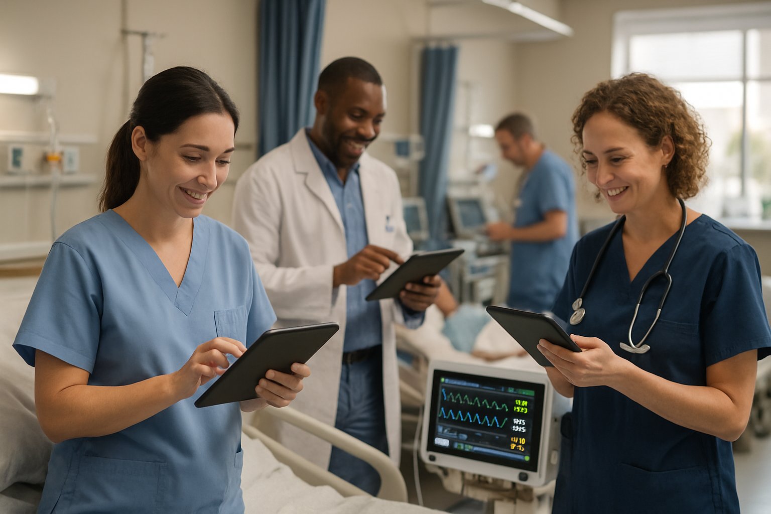 Health Orchestration professionals using technology in hospital ward