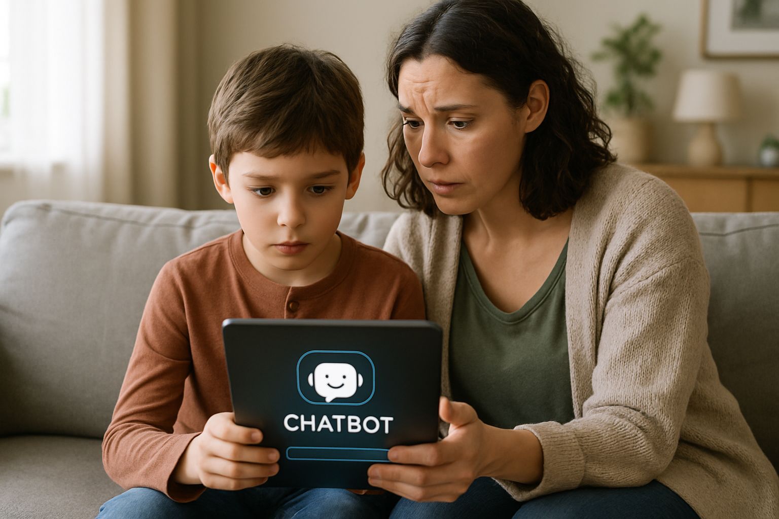 Parent and child using a chatbot app with Chatbot Filtering concerns highlighted.