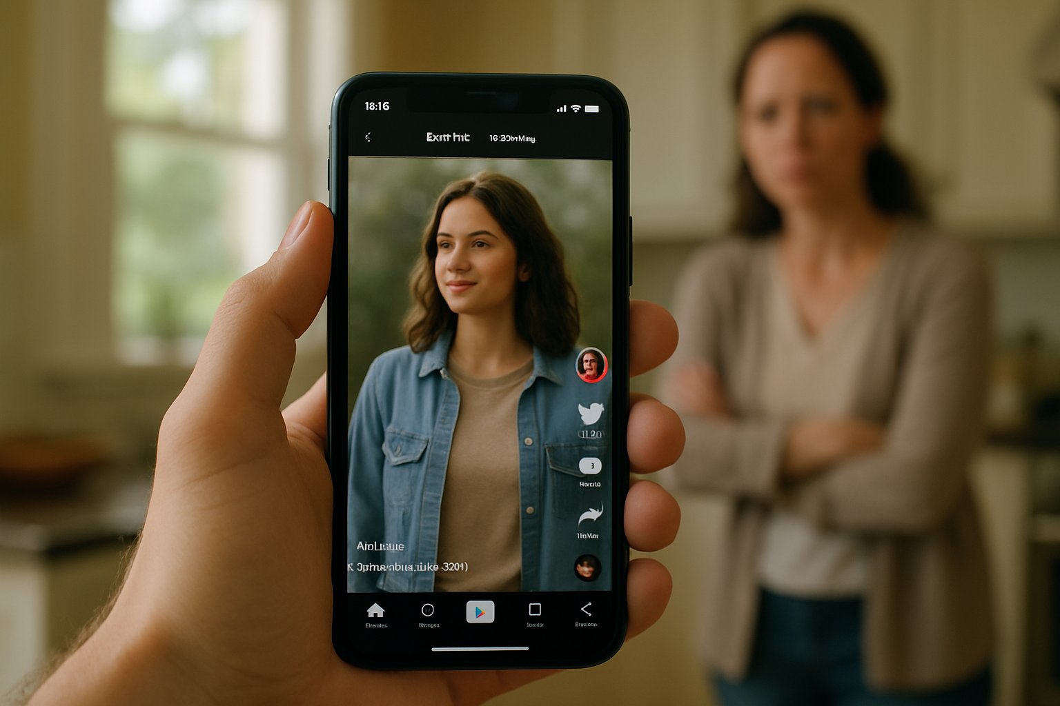 Parent observes teen using TikTok amid Algorithmic Content Concern in a domestic setting.