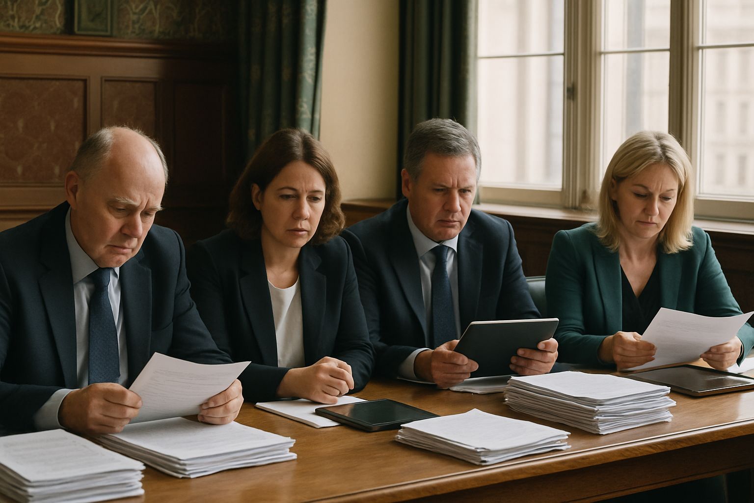 UK parliamentarians examining documents in Graduate Debt Policy inquiry session.