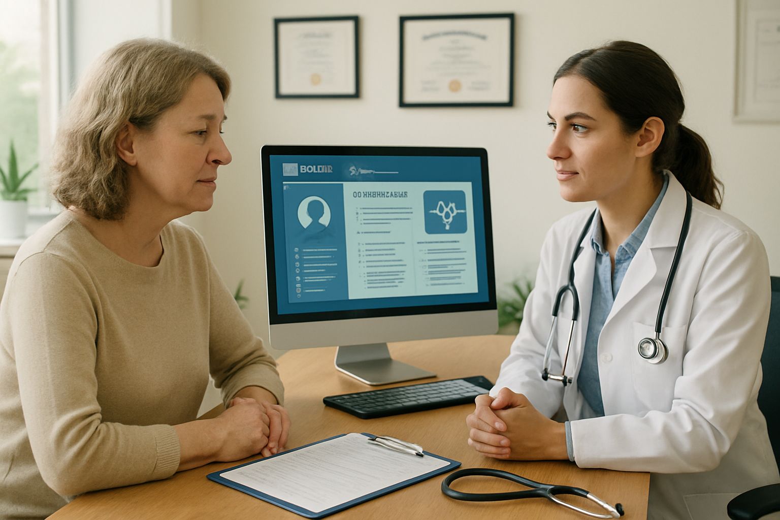 Doctor and patient reviewing AI Health Ethics in medical setting.