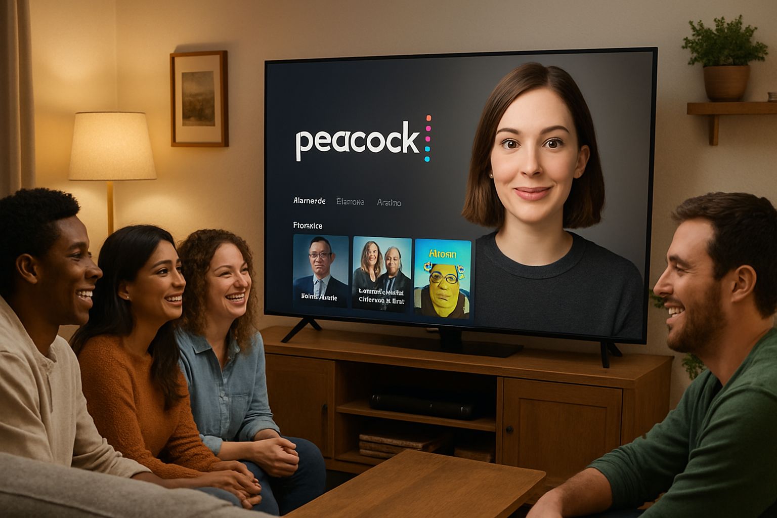 Friends watching TV and interacting with the Peacock AI Avatar on a streaming platform.