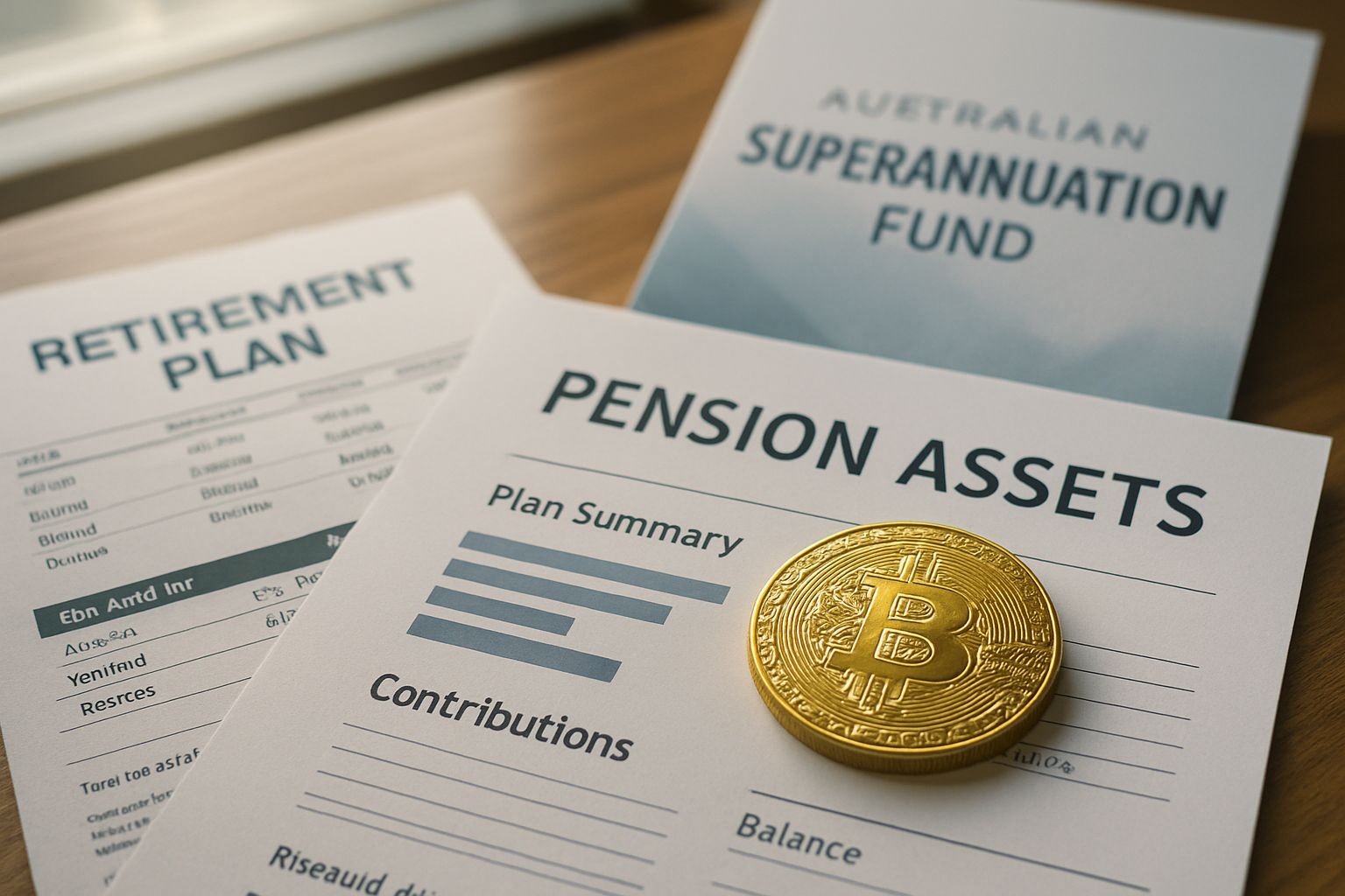 Pension Assets paperwork with Bitcoin and Australian fund documents.