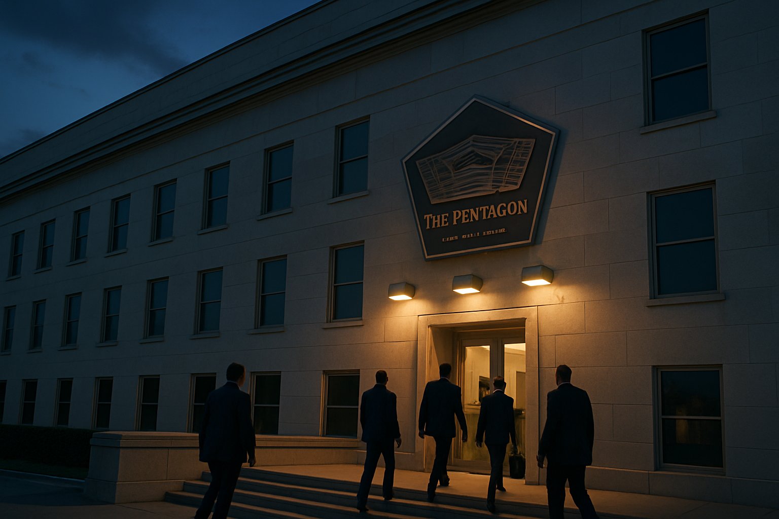 Anthropic Meeting setting outside Pentagon government building at dusk.