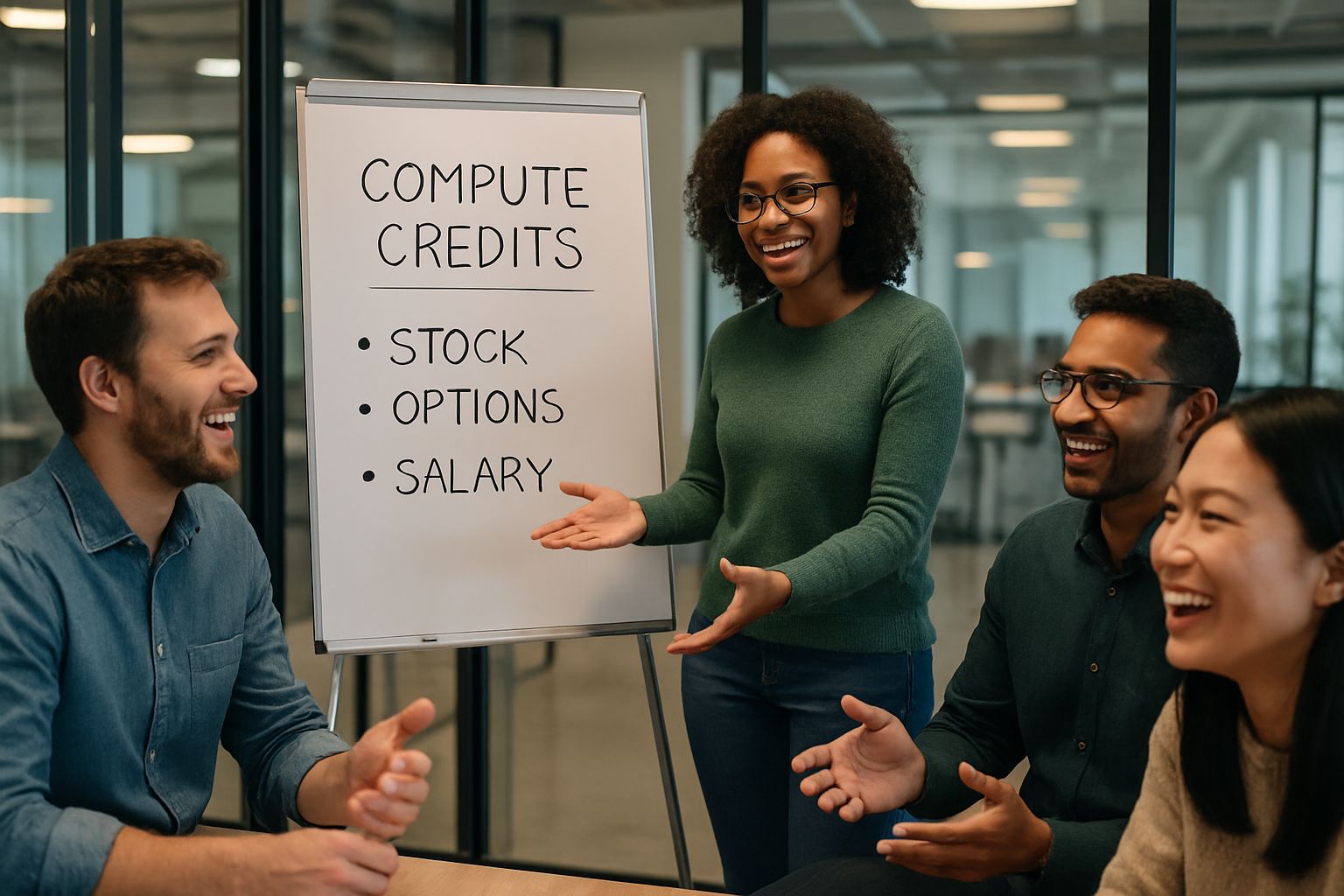 Tech Talent Perks discussed in a meeting including compute credits for AI roles.