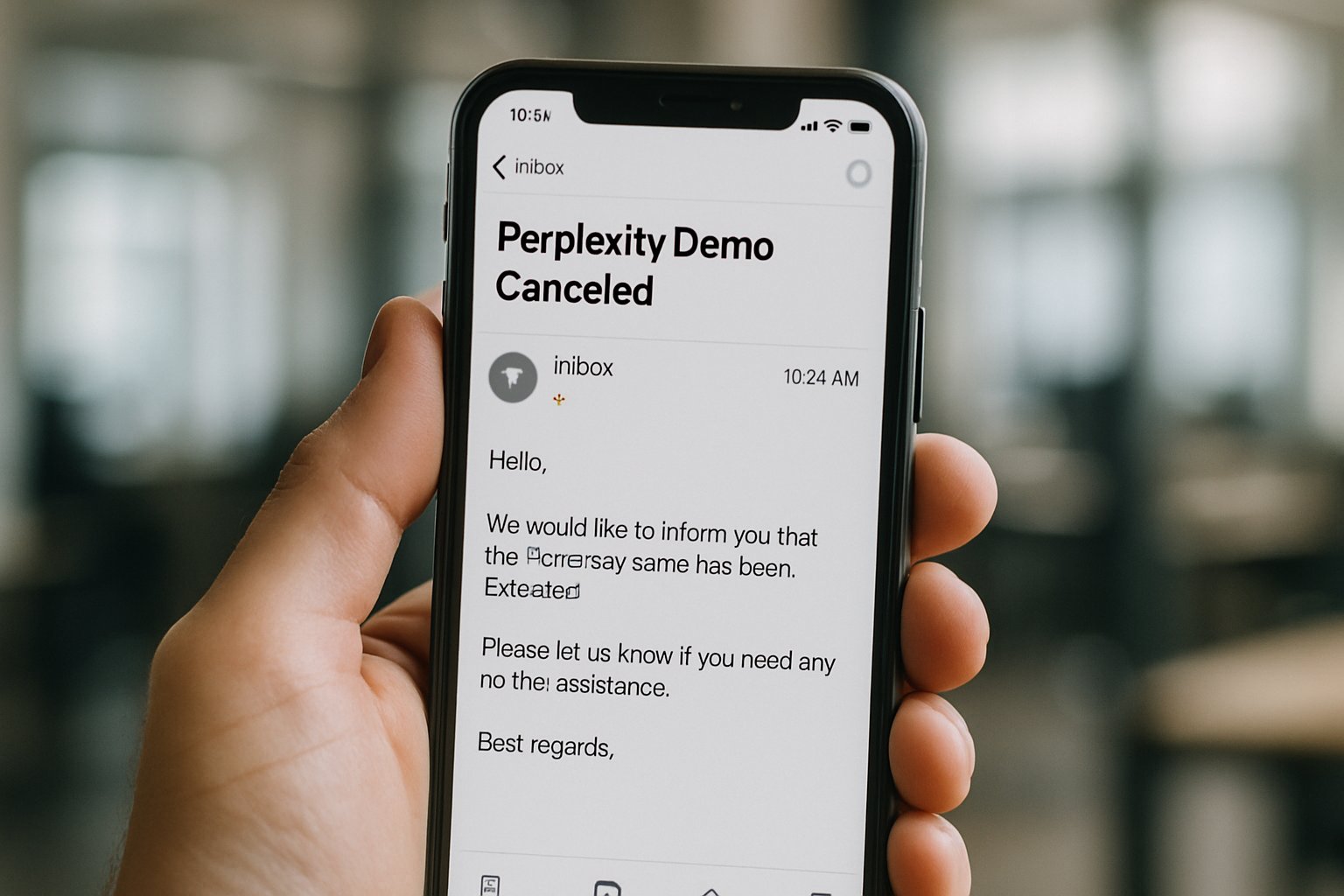 Smartphone showing official Perplexity Demo cancellation email with office background.