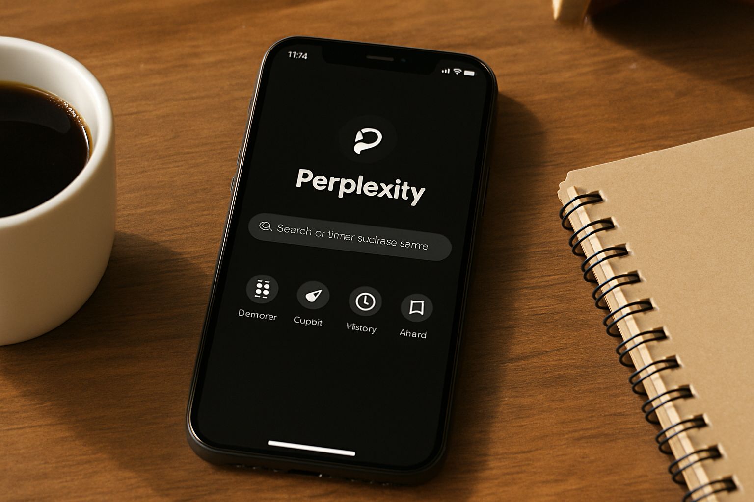 Perplexity iOS Comet browser homepage displayed on iPhone with natural workspace elements.