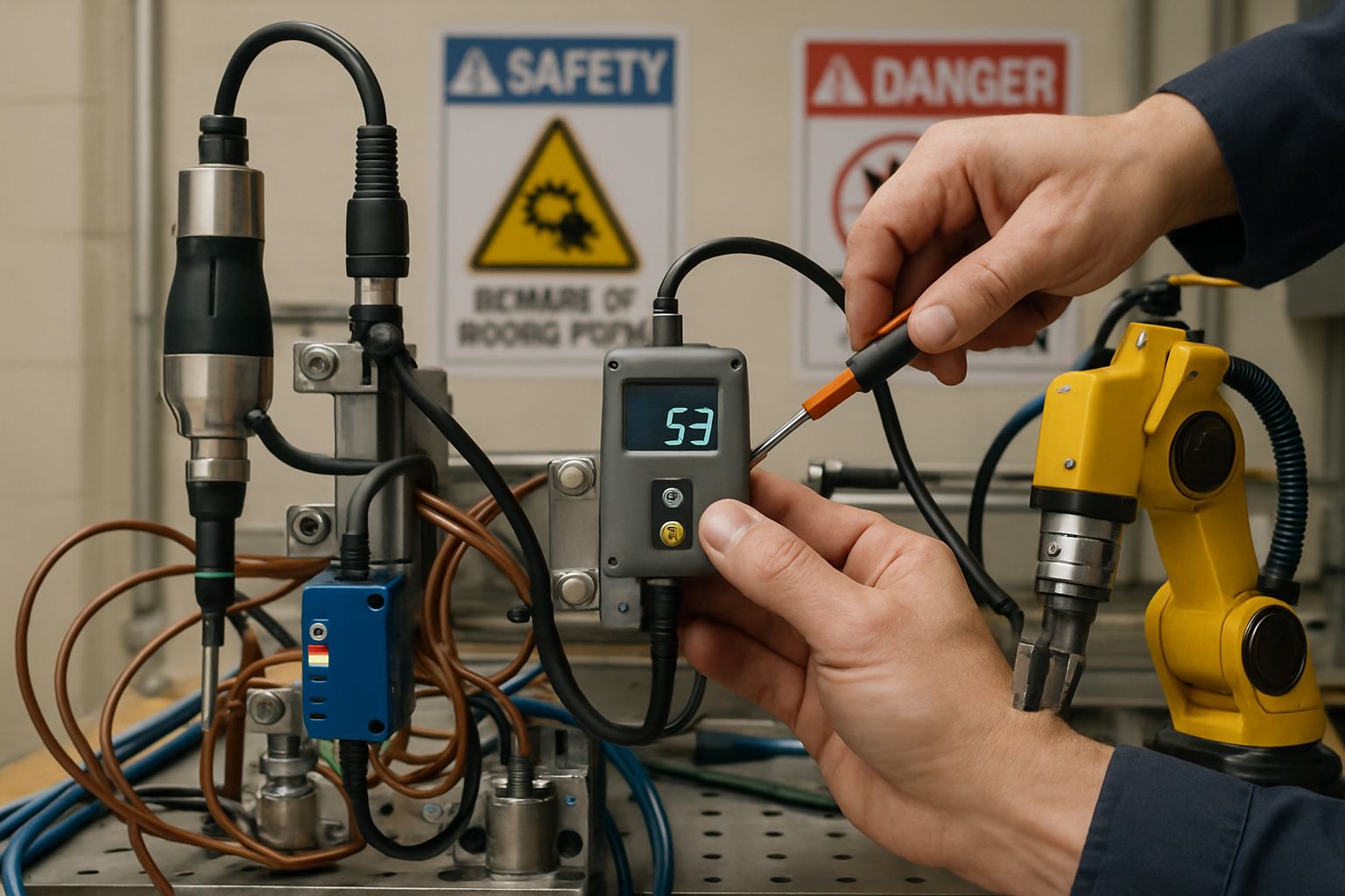 Physical AI robotic components and smart sensors in a working industrial setup.