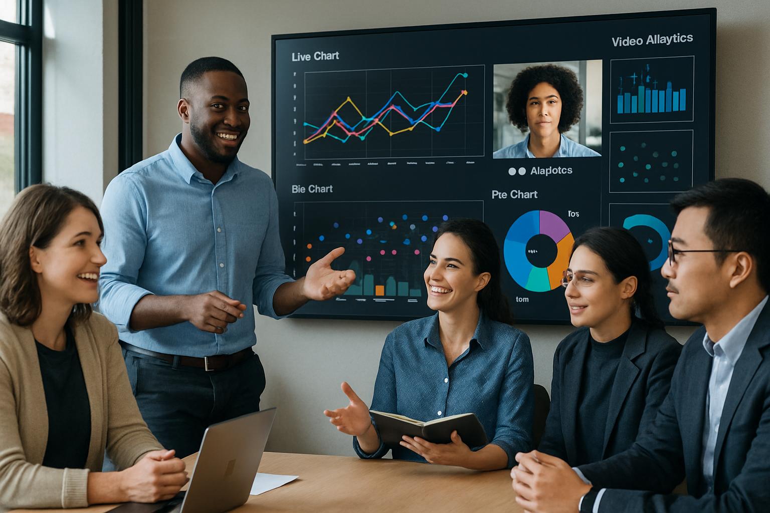 Team meeting discussing Video AI Scaling strategy in a modern office environment.