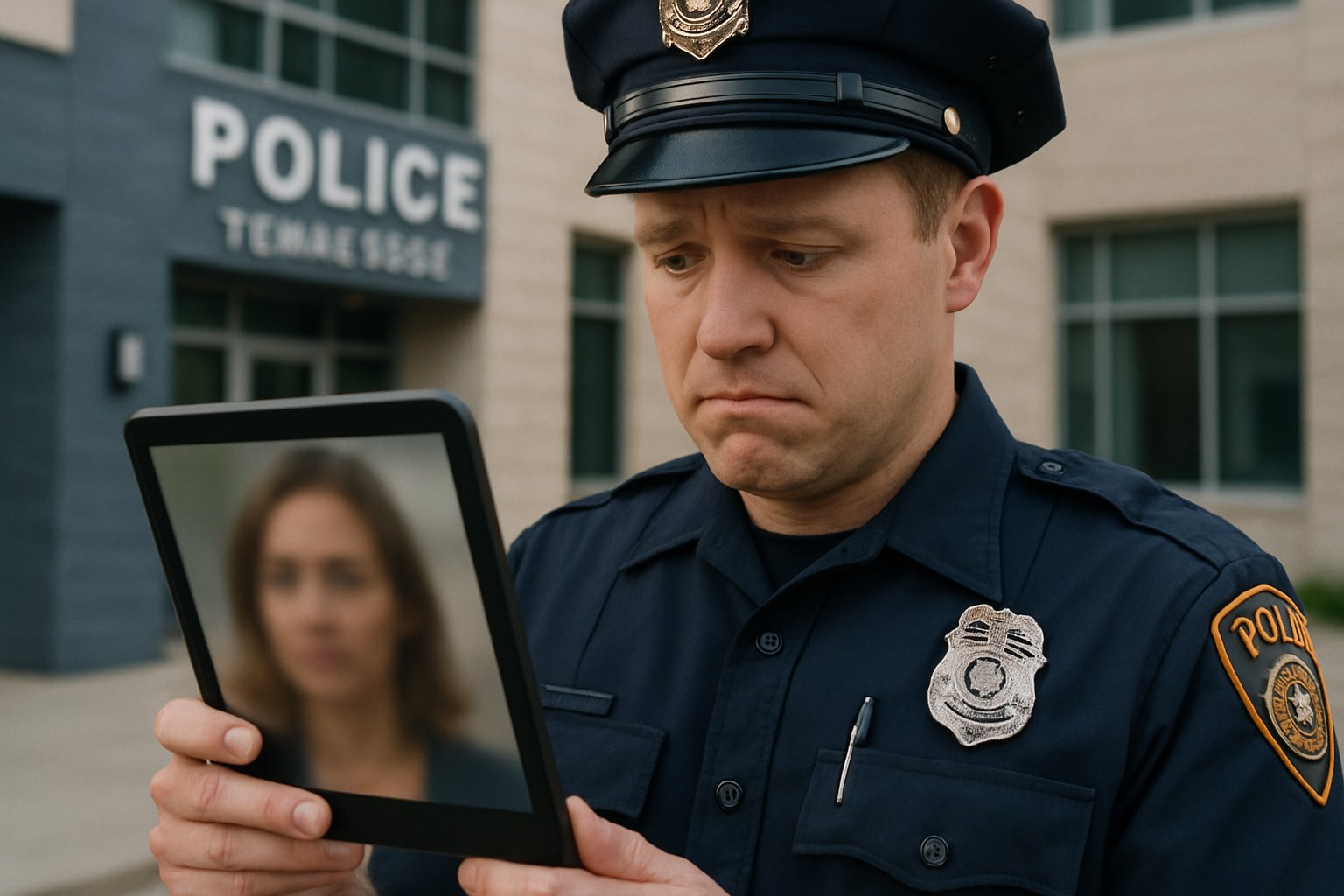 Police officer reviews facial recognition error on digital device.