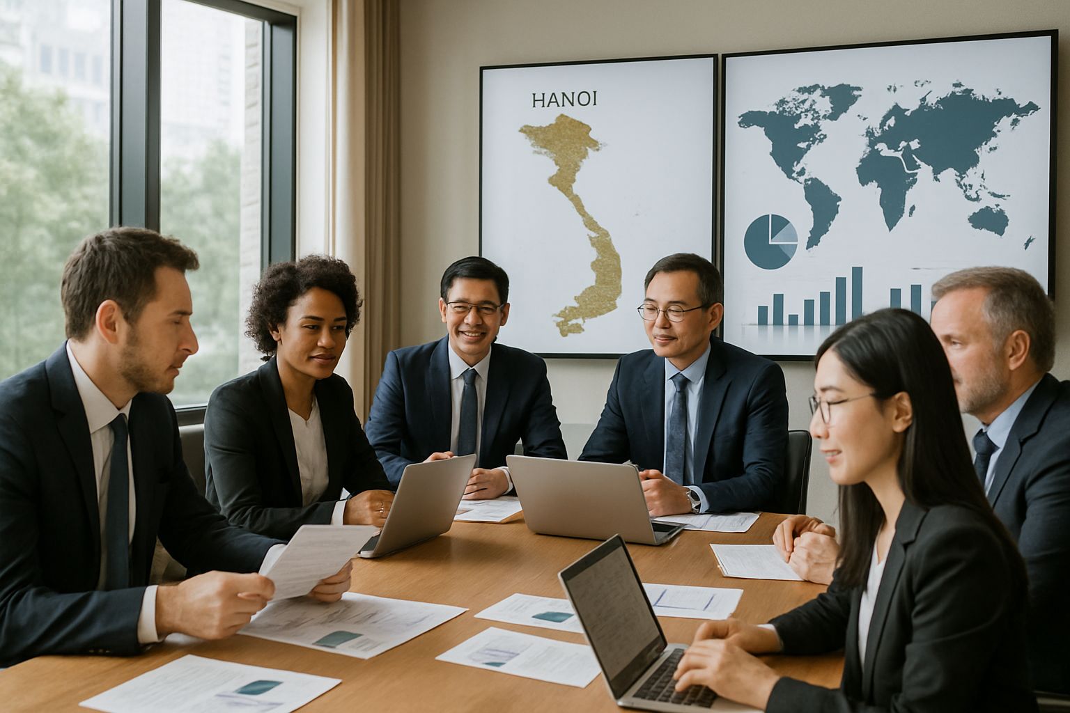 Business people discuss Vietnam Entry Policy and global mobility trends in a meeting room.