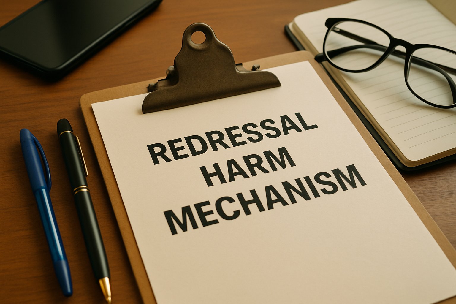 Policy document titled Redressal Harm Mechanism on desk in authentic work setting.