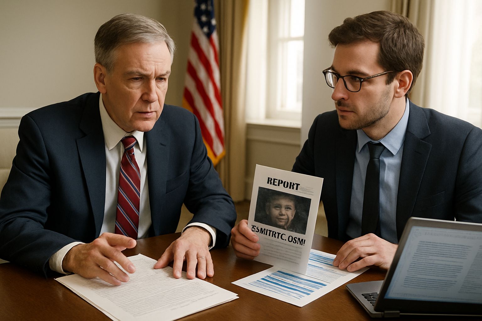 Government official and policy advisor discuss Synthetic CSAM regulations in formal office.