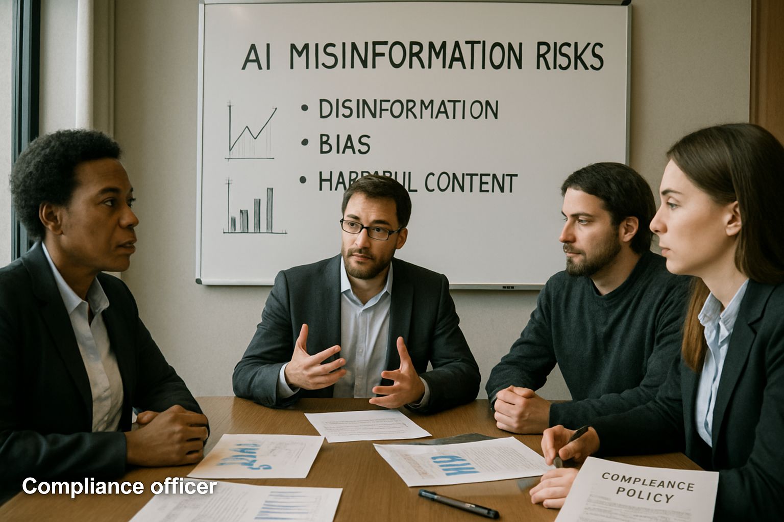 Compliance officers discussing enterprise policies on AI Misinformation Risks.