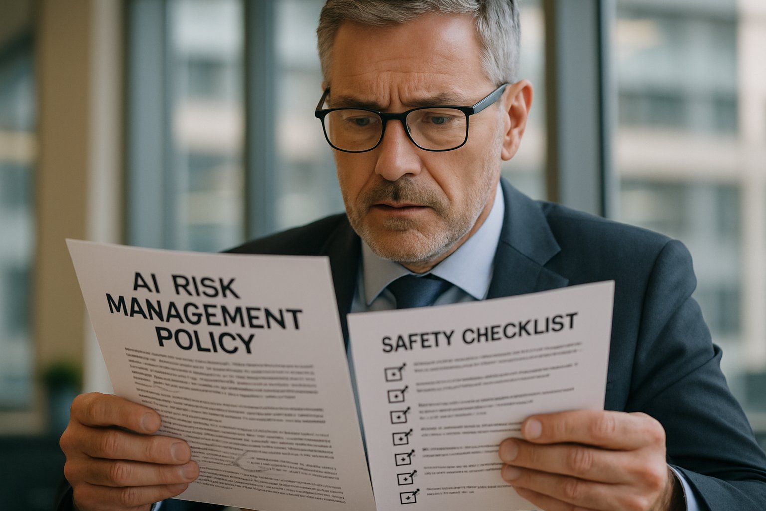Corporate Governance Shift executive reviewing AI risk management policy document.