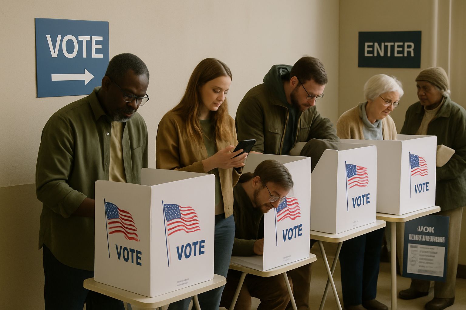 Voters at a polling station with political misinformation warnings visible.