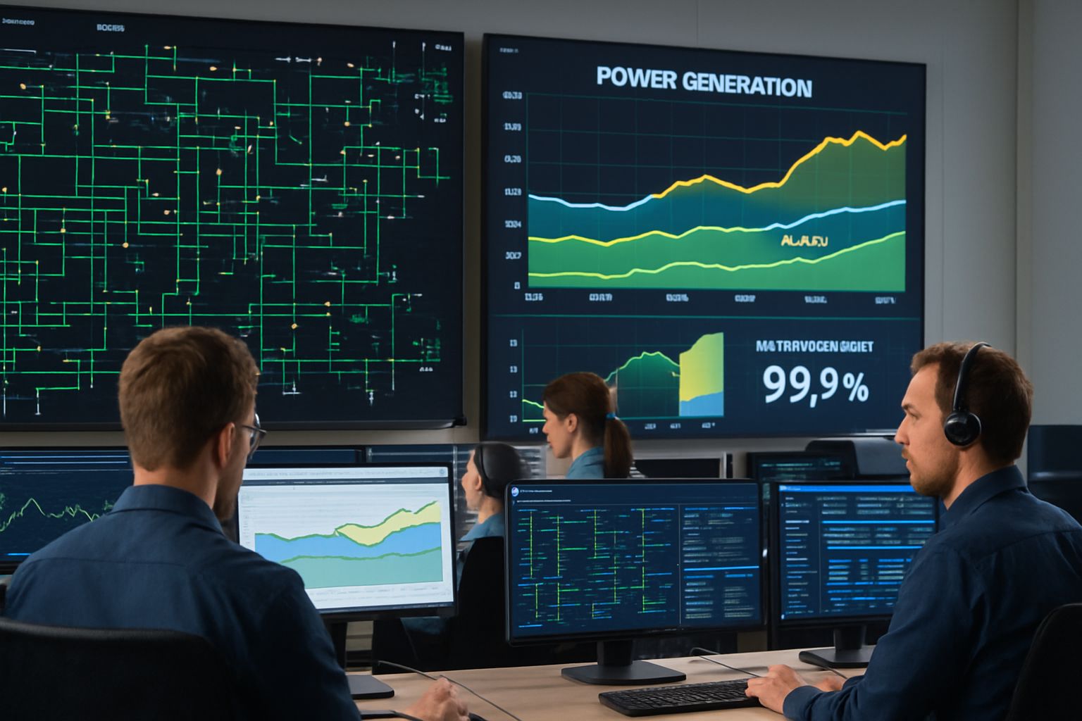 Control room operators monitor the Power Grid with nuclear contributions.