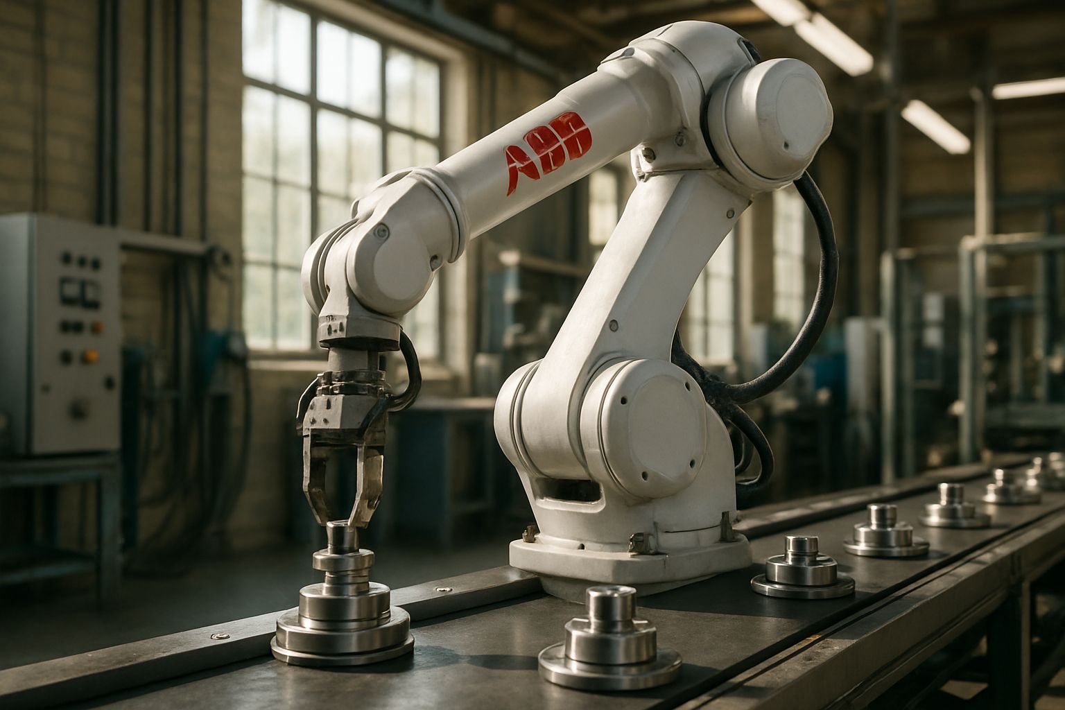 Close-up of ABB robotic arm in Industrial Robotics Automation assembling components in factory.