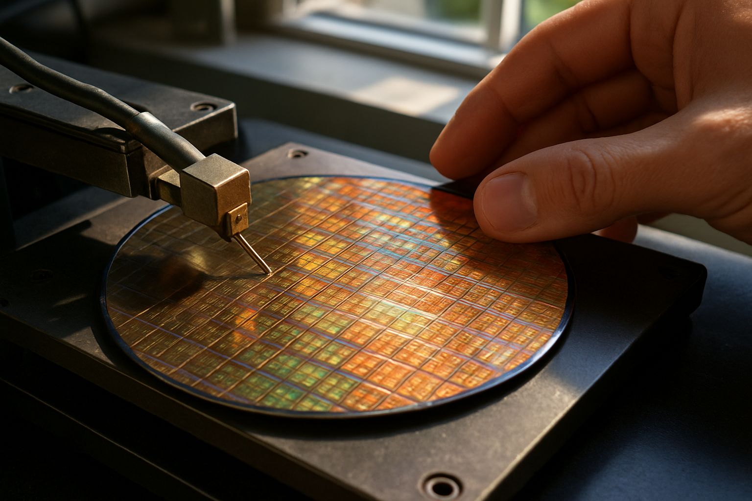 Detailed silicon wafer being validated with System-Level Silicon Verification tools.