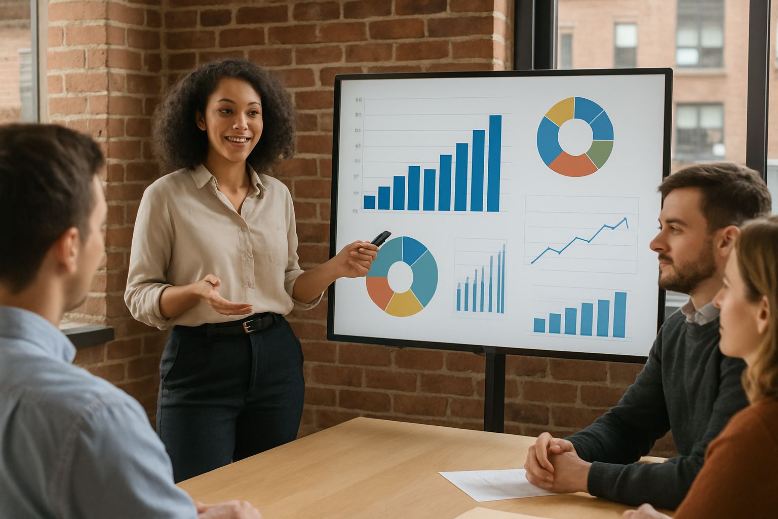 Professional woman presenting data about Gender Automation Gap to her colleagues.