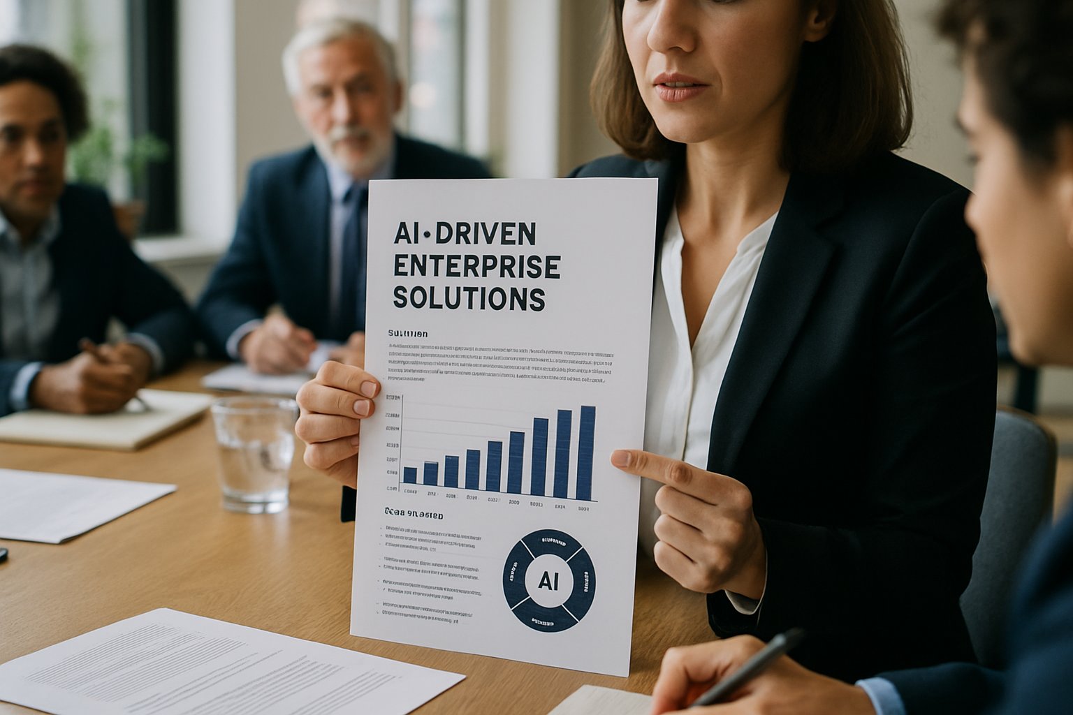 Business team discussing AI Enterprise Services report in meeting