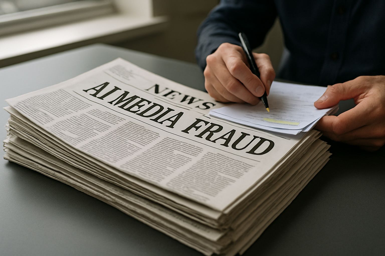 Newspaper headline about AI Media Fraud on editor’s desk