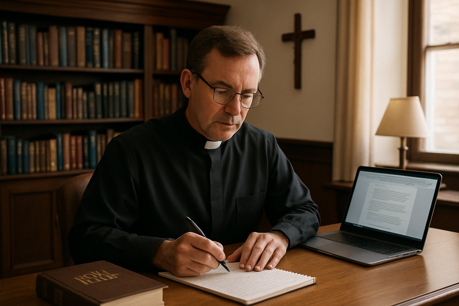 Priest considers AI Homily tools surrounded by Bible and notes.
