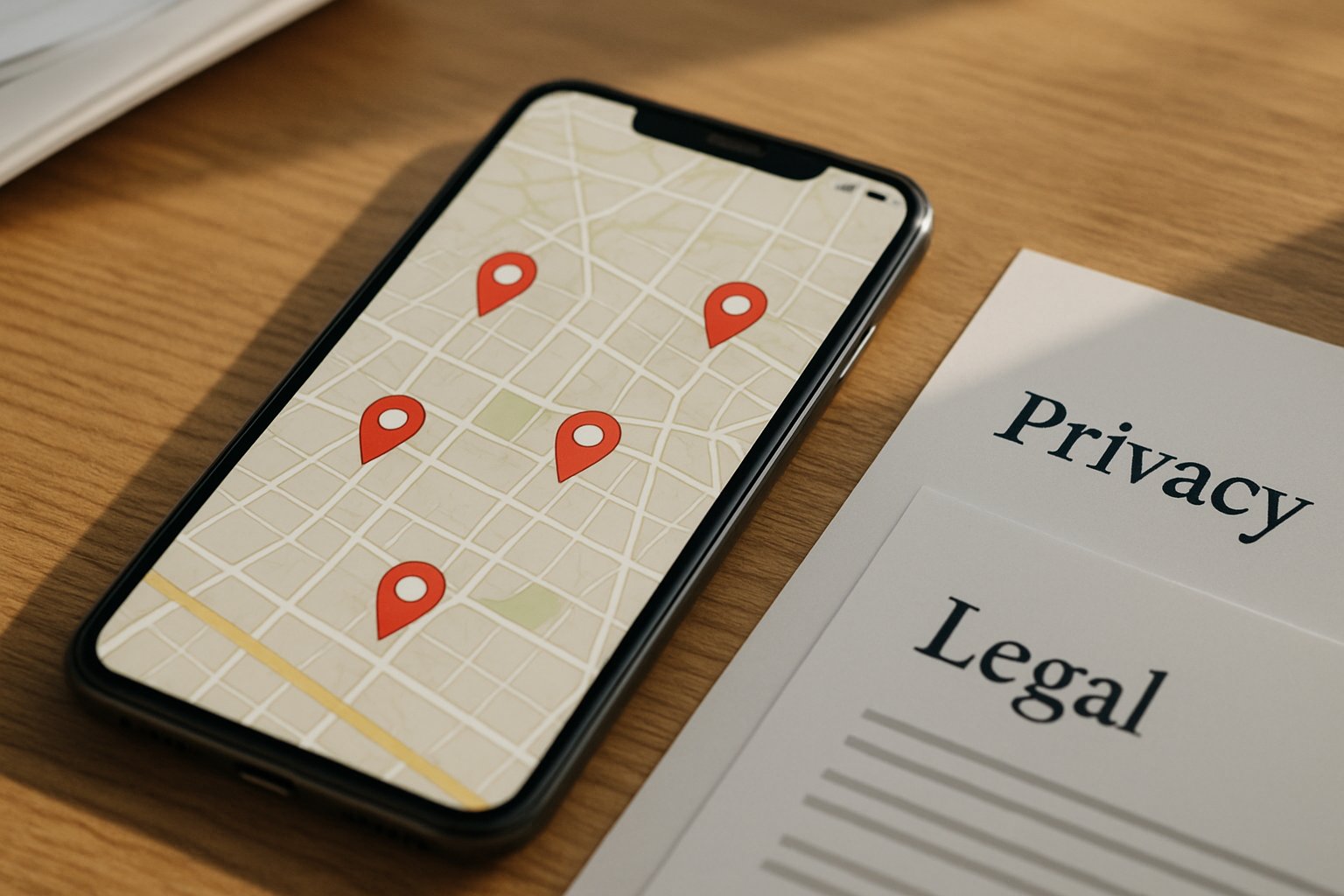 Smartphone with map highlighting Texas AI Tracking privacy and legal issues.