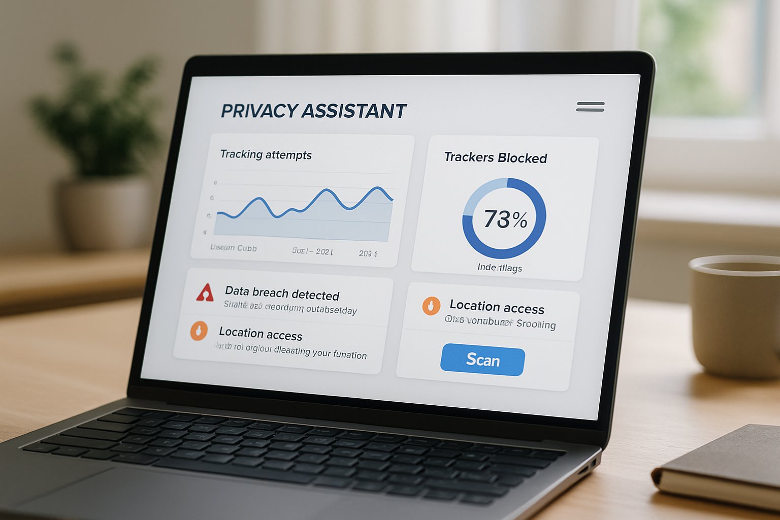 Privacy Assistant interface on laptop screen in home office for enhanced security.